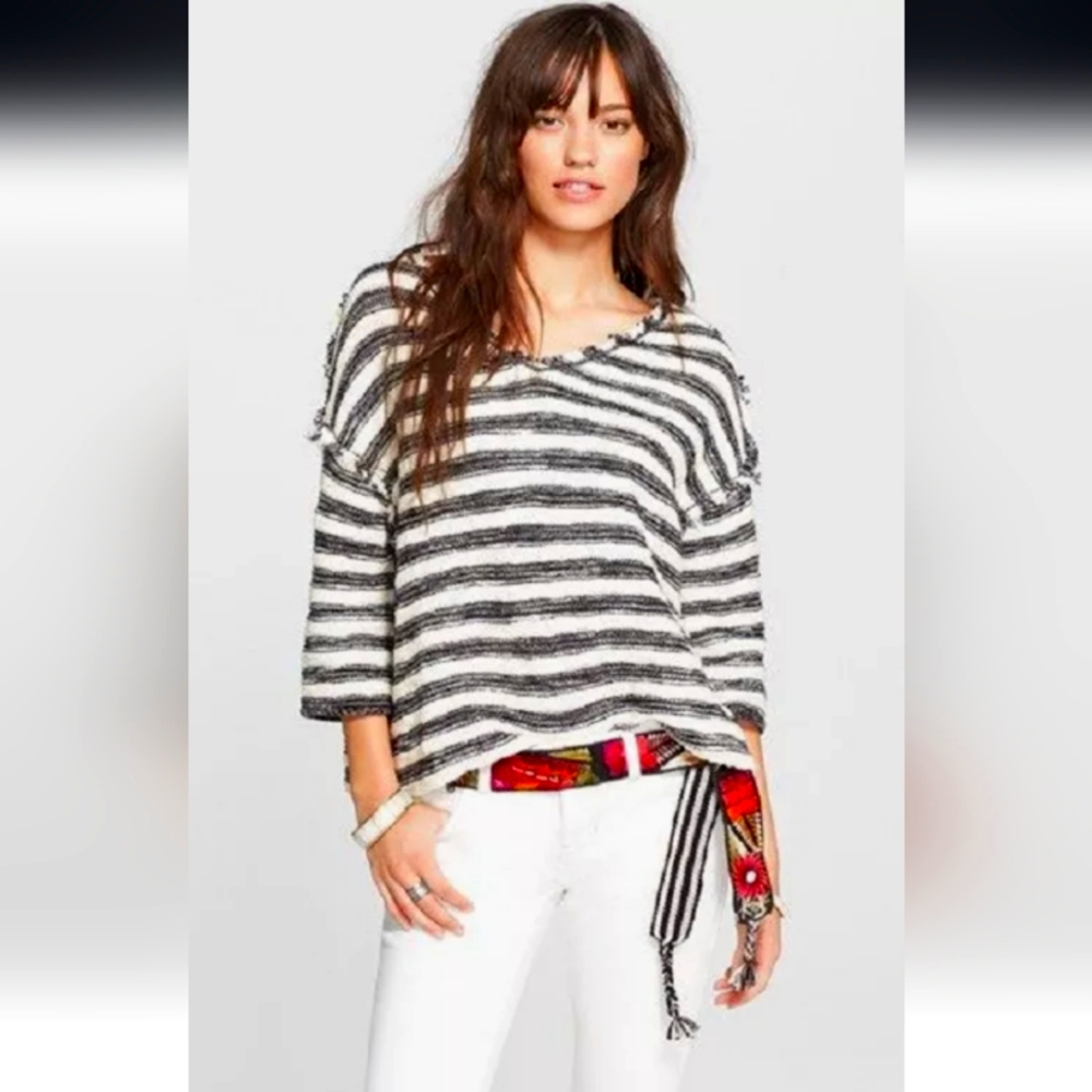 Free People Spells Trouble Distressed Striped Sweater Knit Black and White